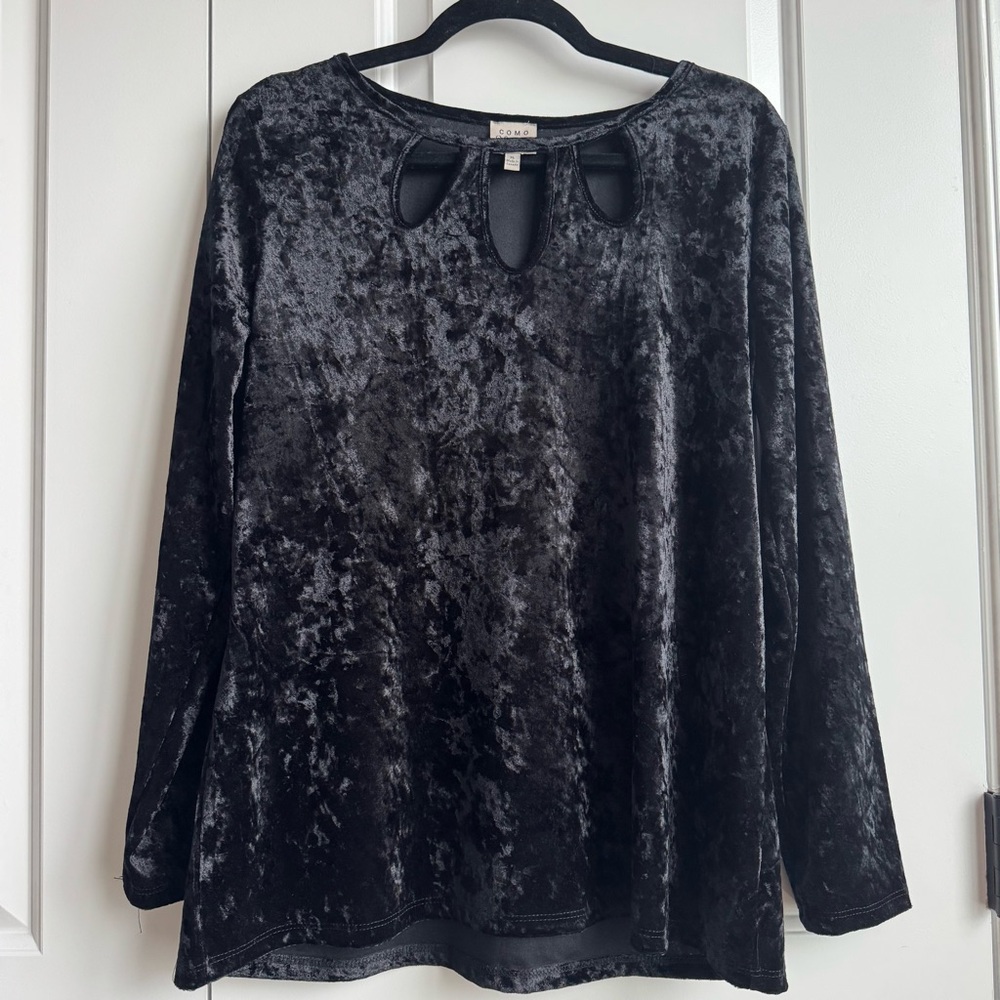 Chic Black Crushed Velvet Velour Top Como Vintage Size XL Cut Out Neckline